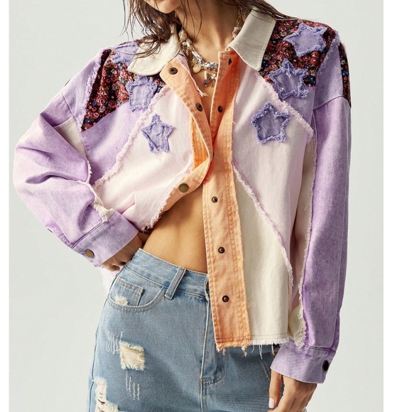 Western Cotton Star Patch Floral Print Oversized Button down Jacket - Picture 2 of 8